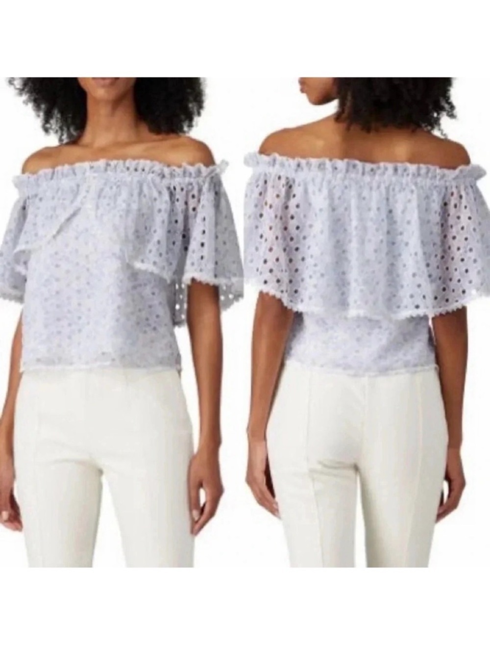 ML Monique Lhuillier Floral Eyelet Off Shoulder Blouse Blue Flutter Sleeve S